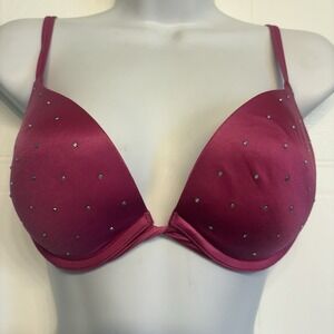 Victoria's Secret Very Sexy Push Up Bra Size 34C‎ Satin Pink Rhinestones Bling